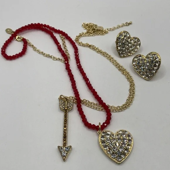 Heidi Daus Anniversary Collection 3 Piece Necklace Earrings Set Heart Arr…